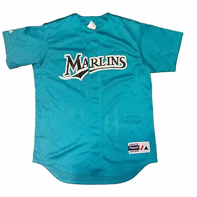 Majestic MLB Miami Marlins Baseball Jersey  Men’s Size Medium Blue L31”-W21.5” • $18