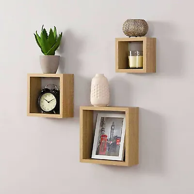 Wall Mount Wooden Floating Cube Shelves Square Display Box Storage Shelf 3 Piece • £13.99