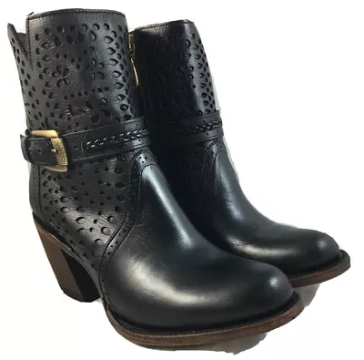 Women's Quincy Black Leather Western Boots Botas Round Toe Sz 7.5 US 24.5 MX • $159.99