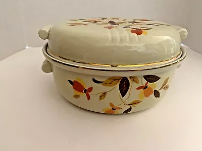 VINTAGE HALL'S JEWEL MARY DUNBAR  AUTUMN LEAF COVERED CASSEROLE DISH W HANDLES • $29.99