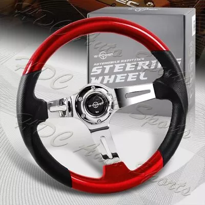 W-Power 13.5  Pearl Red Wood Grip 6-Hole Chrome 3-Spoke Racing Steering Wheel • $95.99