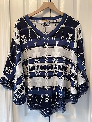 Democracy Women's Knit Poncho Pullover V-neck Tribal Print Sz M Blue/Gray • $17.99