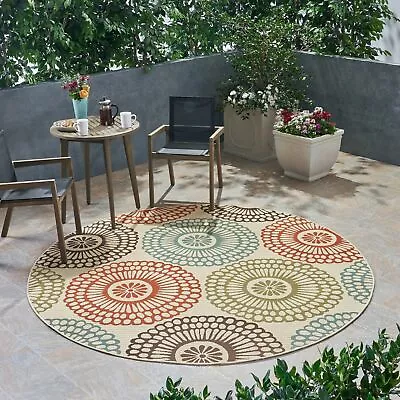 Indoor/Outdoor Round Floral Area Rug Beige And Multicolored • $31.26