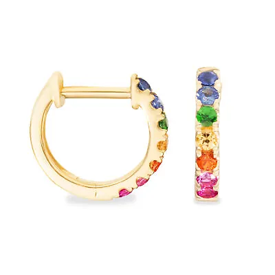 ESSC Luxury 14K Yellow Gold Garnet And Sapphires Rainbow Huggie Earrings • $165.97