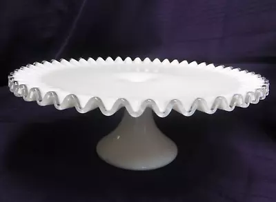 Fenton Silver Crest White Glass Ruffled Edge 13 Inch Pedestal Cake Plate Stand • $40