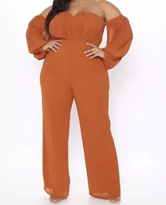 FASHION NOVA “Spice It Up” Large Woman Off Shoulder Jumpsuit Orangish Brown NWT • $6.99