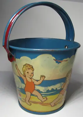 Vintage E.Rosen Co Tin Candy Pail Beach Pops Beach Scene Sand Bucket Toy • $51.22