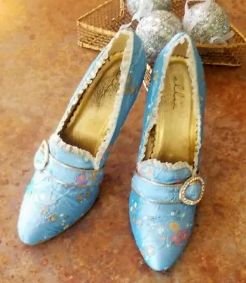 Ellie Women's Lolita Victorian Style Shoes Blue Gold Lace Floral Size 10 • £19.30