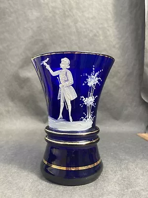 Antique Vintage MARY GREGORY Victorian Style Cobalt Blue Glass Vase 5.5  *chip • $25