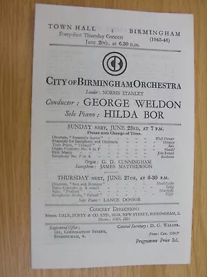 1946 BIRMINGHAM SYMPHONY ORCHESTRA George Weldon Hilda Bor Piano TOWN HALL  • £7.50