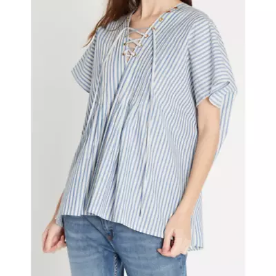 MES DEMOISELLES Blue Oversized Cotton Top With Lace-up V-neck XS • $19.99