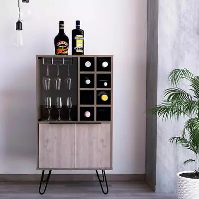 Wine Cabinet Drink Bottle Storage Unit Glass Door 8 Shelves 3 Doors Grey Oak • £149.99