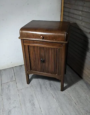 Vintage Art Deco Waterfall Wood Sewing Spool Cabinet With Tambour Doors Shelf • $270