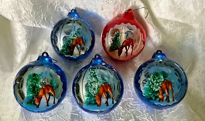 5 Vintage DIORAMA Plastic CHRISTMAS TREE ORNAMENTS Deer Scene • $19.99