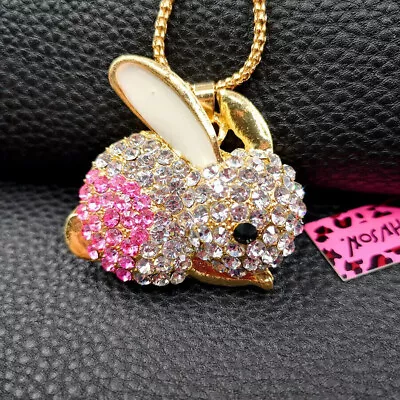 Betsey Johnson Crystal Pink Bunny Rabbit 3D Gold Pendant Necklace Free Gift Bag • $33.99