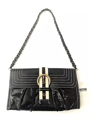 Moschino Handbag Black Patent Leather Clutch Shoulder Bag Cheap & Chic Italy Spa • $58.50