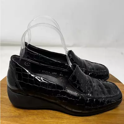 Mephisto Air-Jet Womens Black Patent Croc-Print Leather Dress Wedge Loafers 6.5  • $34.99