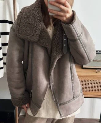 $100.01 • Buy Zara Grey Faux Leather Shearling Fur Double-faced Biker Jacket Aviator Coat New