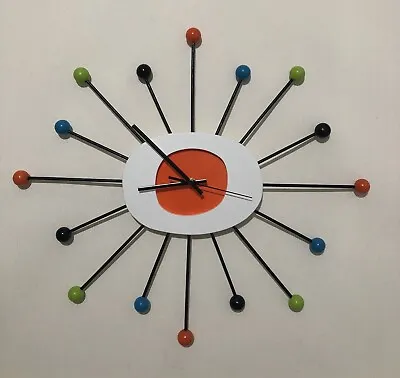 Orange STARBURST CLOCK Mid Century Modern New 70s Style Wall Art Clock Large 23” • $92