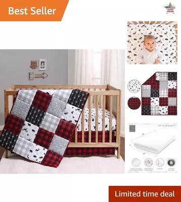 Buffalo Plaid Crib Bedding Set - Woodland Animals - 3 Piece Collection • $89.99