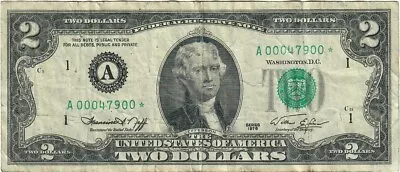 $2 Dollar Bill 1976 OLD NOTE STAR A00047900* STARNOTE PAPER MONEY • $9