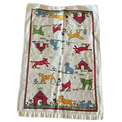 Vintage Signed Puppy Tea Linen Kitchen Towel Printed Dogs Outdoor Floral 15x23 • $17.99