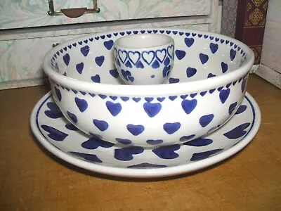 £36 • Buy Polish Pottery Spongeware Blue Hearts Valentine Bowl Plate Egg Cup Boleslawca Ww