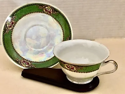 Mepoco Ware Teacup & Saucer Luster Green Banded Made In Czecho-Slovakia • $14.99