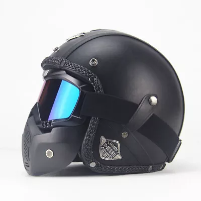 DOT Motorcycle Helmet Open Face W/Face Mask Street Scooter Leather Helmet M/L/XL • $89.99