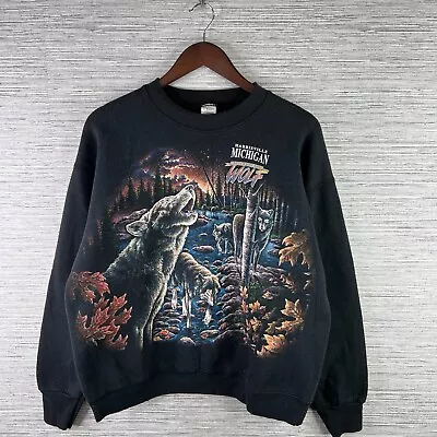 VINTAGE Nature Sweatshirt Mens Large Black 90s AOP Michigan Wolf Graphic Retro • $48.88