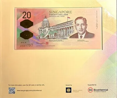 SINGAPORE 20 Dollar BICENTENNIAL Commemorative Note With Folder(+1 Note)#31019 • $38