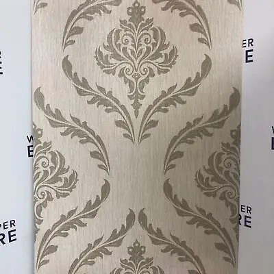 Beige Brown Textured Vinyl Damask Wallpaper Slightly Imperfect A09007 • £6.99