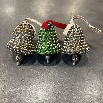 £23.85 • Buy Vintage Lot Of 3 Push Bead Pin Christmas Ornament Bell Sequin Ribbons Gold Green