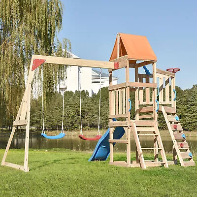 £528.89 • Buy Wooden Climbing Frame Garden Playhouse - Outdoor Swing Set With Slide & Sandpit