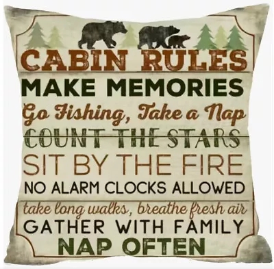 CABIN RULES Decorative Linen Throw Pillow Cover 18x18 Winter Holiday Cabin Decor • $13.08