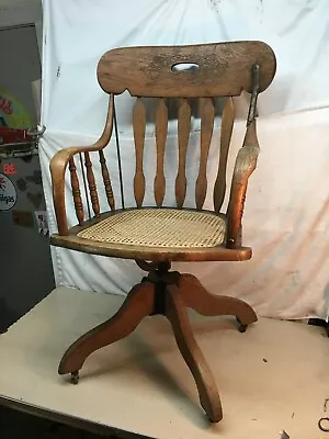 Antique Oak Wood Swivel Office Bankers Chair Cane Seat 1800s Western Decor Chair • $405