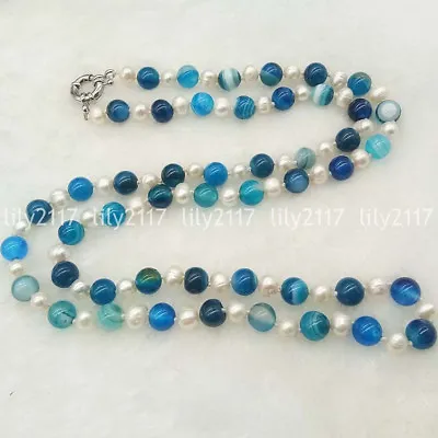 Fashion Natural 7-8mm White Pearl 8mm Blue Striped Agate Gemstone Beads Necklace • $7.18