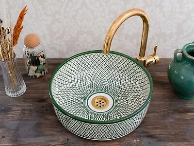 Moroccan Ceramic Sink For Bathroom Handmade Green Sink Bowl Vessel Sink Basin • $372.88