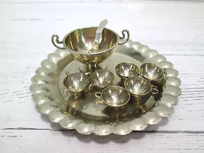 Vintage Miniature Alpaca Silver Punch Bowl Cup Tray Ladle Set Scallop Edge Mini • $59.99