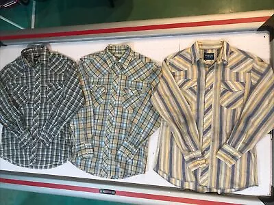 LOT OF 3 - WRANGLER  Pearl Snap Western Long Sleeve Size Med  Button Up • $25