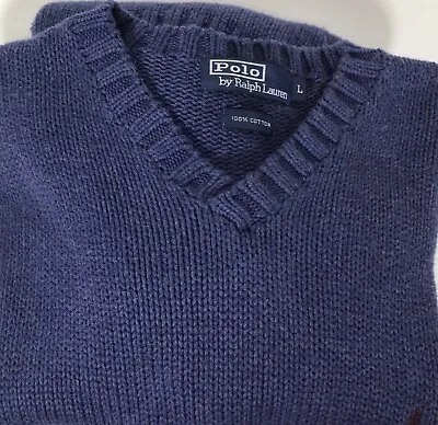 Polo Ralph Lauren Sweater Men's L Blue Cotton Knit V-Neck Pullover Pony • $17.97
