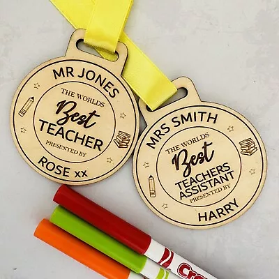 Personalised  Worlds Best Teacher Medal Laser Engraved Birch Ply With Ribbon • £3