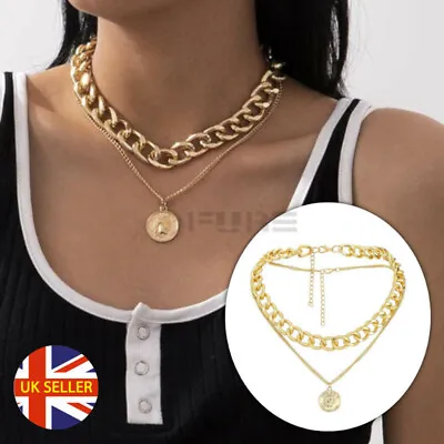 £3.99 • Buy Classic Punk Style Layered Coin Pendant Chunky Cuban Chain Gold Choker Necklace