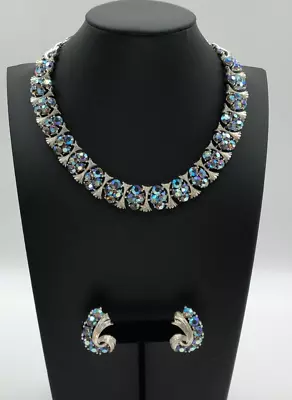 Vintage Estate Lisner Silver Tone Blue AB Rhinestone  Necklace Clip Earrings Set • $67.75