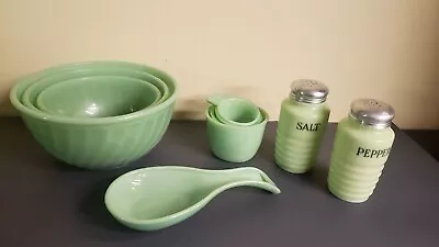 Fire King Jadeite Swirl Mixing Bowls Jadeite Measuring Cups Spoon Rest & More • $349