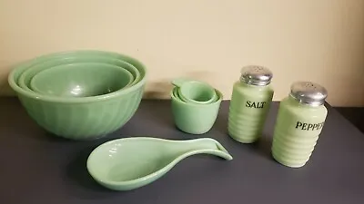 Fire King Jadeite Swirl Mixing Bowls Jadeite Measuring Cups Spoon Rest Shaker • $329