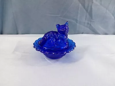 Mosser Cobalt Blue Glass Cat Kitten On The Nest Salt Cellar Dip • $11.99