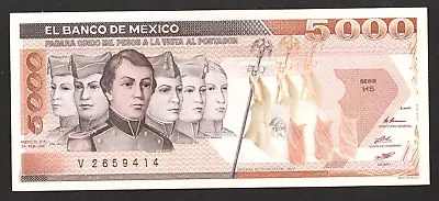 Mexico 5000 (5000) Pesos 1987 P-88b With Santana CU  Ninos Hereos  6 Cadets • $15.89