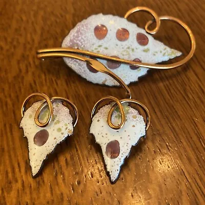 Vintage Matisse Renoir Copper Enamel Leaf Pendant Brooch Earring Set Rf • $99.99