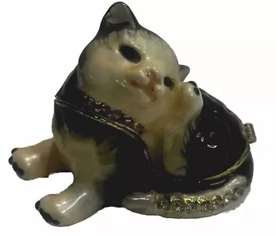 Enameled Metal Scratching Cat Trinket Box Hinged Magnetic Lid Jeweled Crystals • $15.99